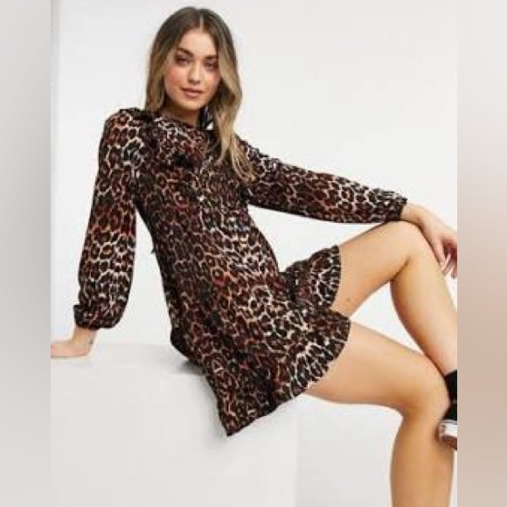 2 FOR $25ASOS DESIGN ANIMAL PRINT RUFFLE FRONT MINI DRESS LONG SLEEVE CHEETAH 8
